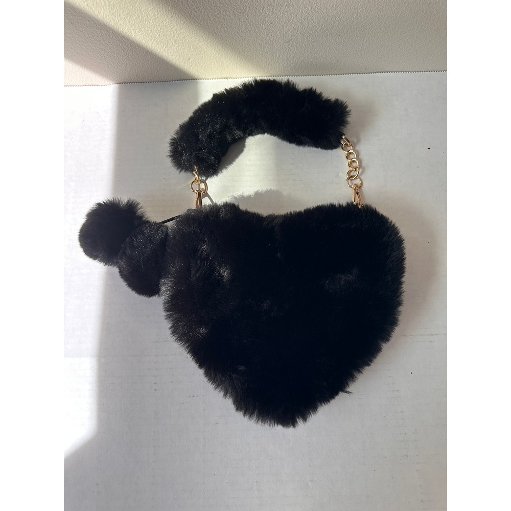 Black Faux Fur Heart Shaped Handbag with Pom Pom Charm and Gold Chain Handle